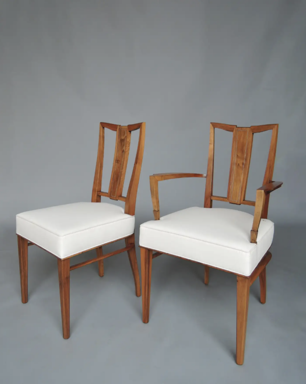 Set of 8 Fine French Art Deco Walnut Chairs by Dominique (6 Side and 2 Arm) - Image 5